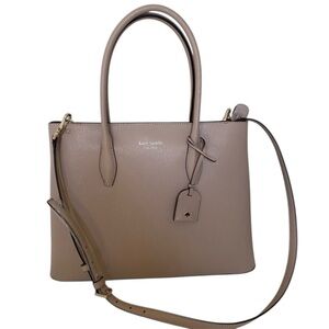 Kate Spade Cream Tan Leather Medium Top Zip Structured Tote Satchel Bag